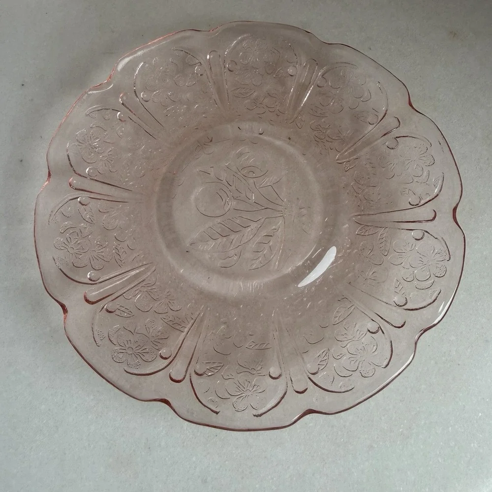 Vtg Jeannette Glass Co. Pink Cherry Blossom Cup/Saucer Set Depression Glass EUC